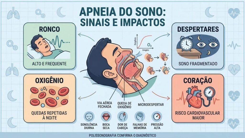 Ronco, despertares, queda de oxigênio e sobrecarga cardíaca explicam a apneia.