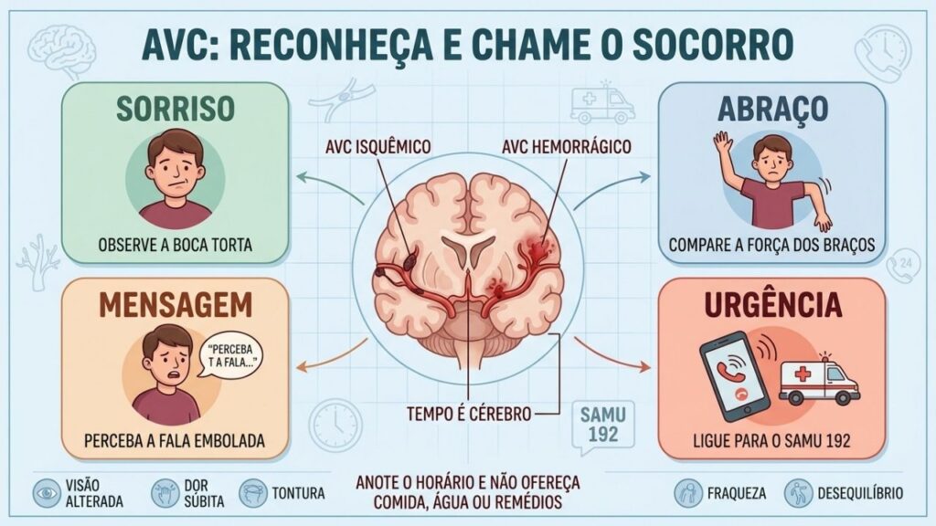 Sorriso, abraço, mensagem e urgência orientam a identificação rápida do AVC.