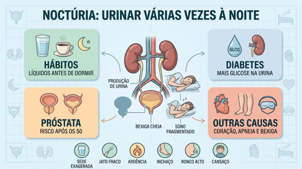 Infográfico mostra causas da noctúria, sinais de alerta e investigação médica.