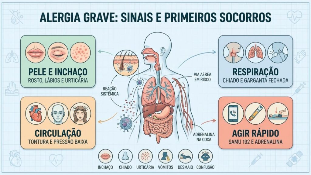 Infográfico destaca sinais de anafilaxia, adrenalina e chamada ao socorro.