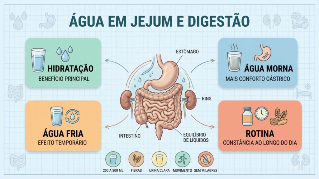 Infográfico mostra hidratação, conforto gástrico, intestino e rotina diária.