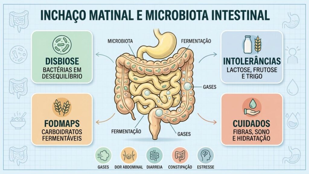 Disbiose, intolerâncias e FODMAPs explicam o inchaço abdominal frequente.