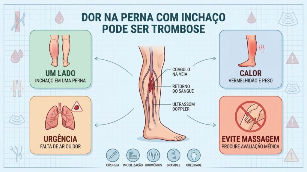 Inchaço unilateral, calor e falta de ar são alertas importantes.