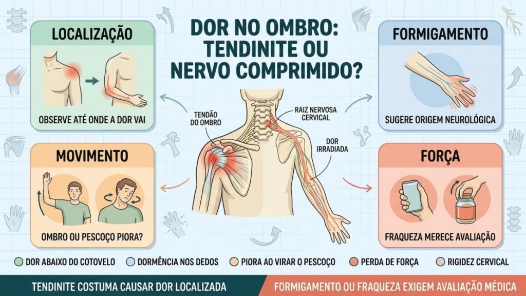 Localização, formigamento, movimento e força diferenciam tendinite de compressão nervosa.