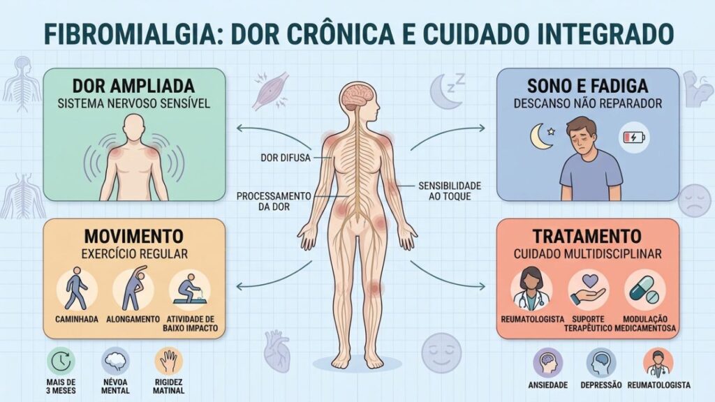 Quatro pilares explicam sintomas, diagnóstico e tratamento da fibromialgia.