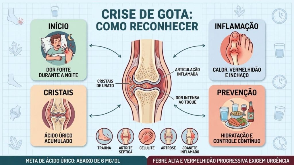 Início noturno, inflamação, cristais e prevenção ajudam a reconhecer a gota.