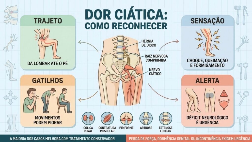 Trajeto, sensação, gatilhos e sinais neurológicos orientam o reconhecimento da ciática.