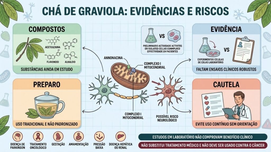 Compostos, evidências limitadas e riscos neurológicos orientam a cautela com o chá.