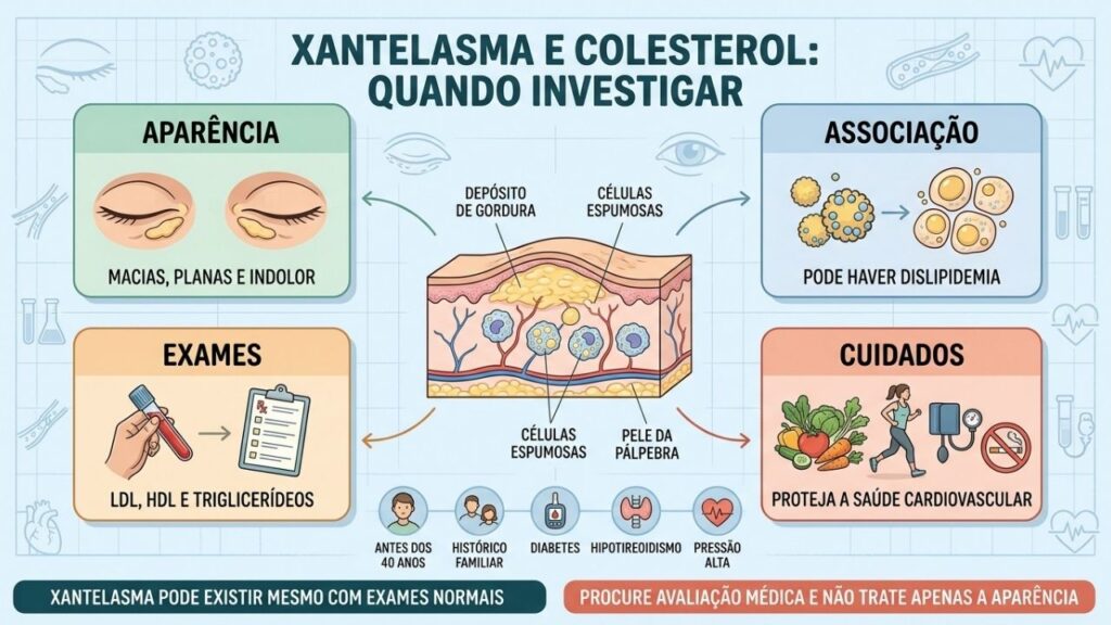 Aparência, exames, fatores de risco e cuidados orientam a investigação do xantelasma.
