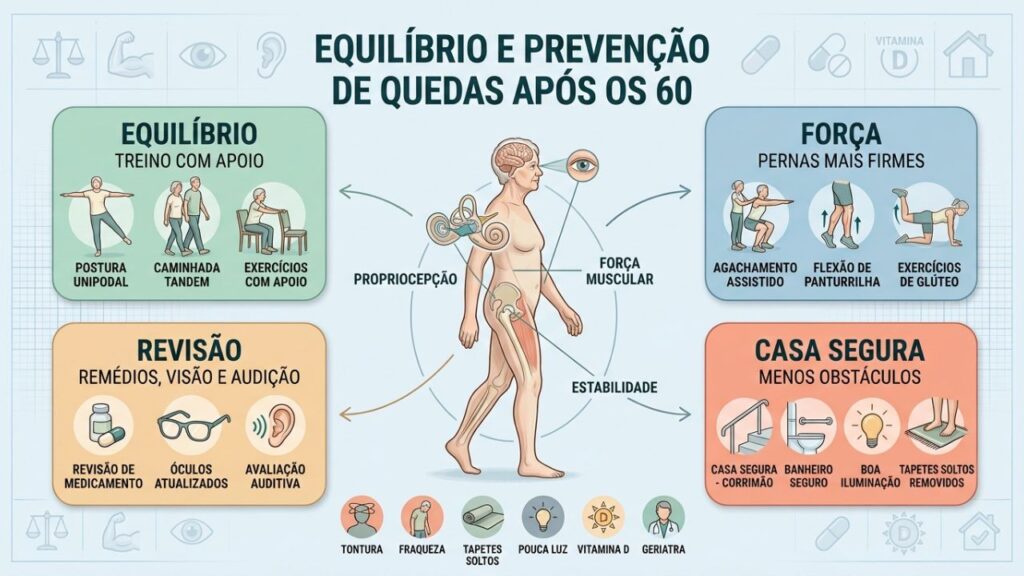 Quatro cuidados fortalecem equilíbrio, pernas e segurança dentro de casa.