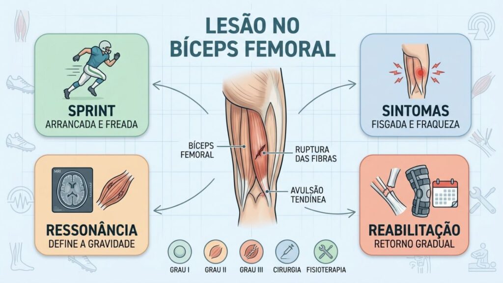 Entenda sintomas, graus, avulsão e reabilitação do bíceps femoral.