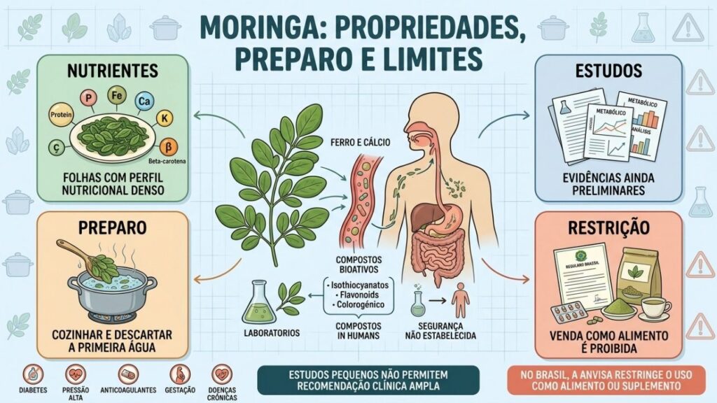 Nutrientes, preparo, evidências limitadas e restrições orientam a discussão sobre moringa.