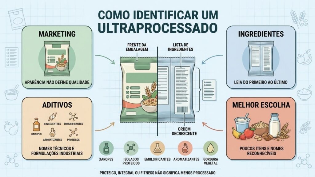 Marketing, ingredientes, aditivos e alternativas orientam escolhas alimentares menos processadas.