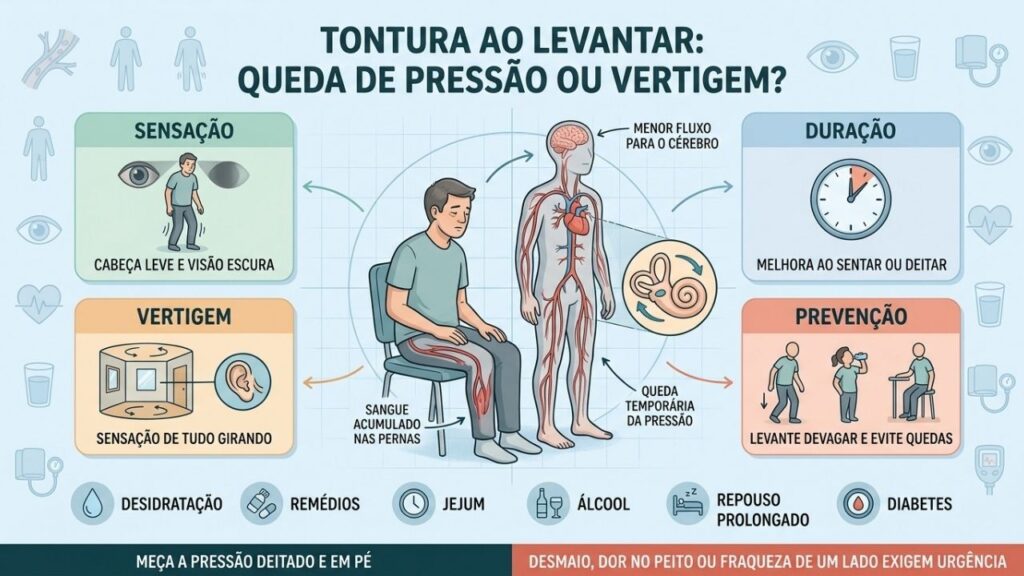 Sensação, duração, vertigem e prevenção ajudam a reconhecer a hipotensão postural.