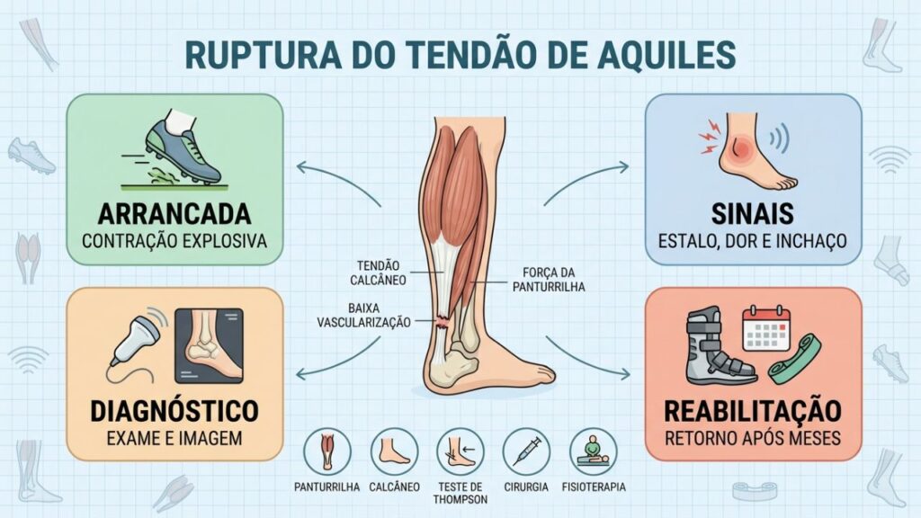 Entenda sinais, diagnóstico, cirurgia e recuperação do tendão de Aquiles.