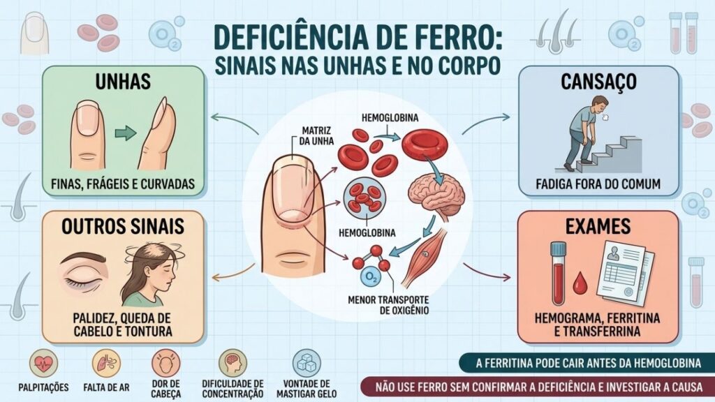 Unhas, fadiga, sinais associados e exames ajudam a identificar deficiência de ferro.