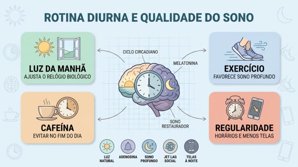 Luz, exercício, cafeína e horários moldam a qualidade do sono.