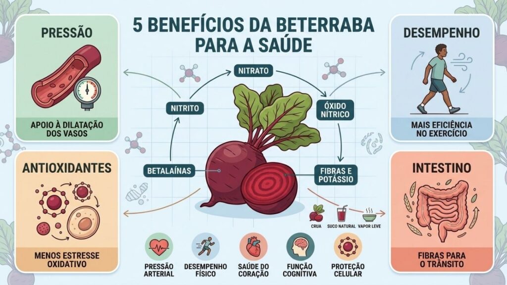 Pressão, desempenho, coração, cérebro e intestino resumem os benefícios da beterraba.
