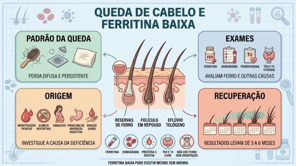 Padrão da queda, exames, causas e recuperação orientam a investigação da ferritina.