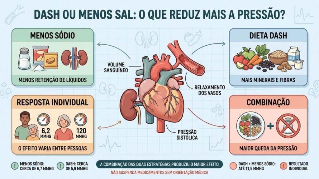Menos sódio e dieta DASH somam mecanismos e ampliam a redução pressórica.