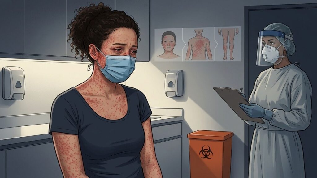 Manchas no rosto, tosse e olhos vermelhos reforçam a suspeita de sarampo.