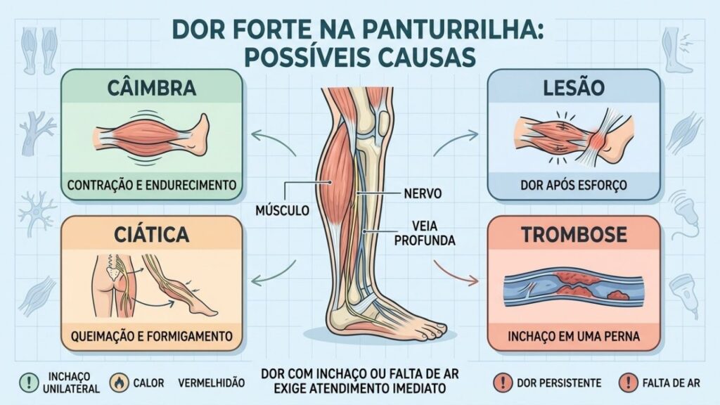 Câimbra, lesão, ciática e trombose apresentam padrões diferentes de dor.