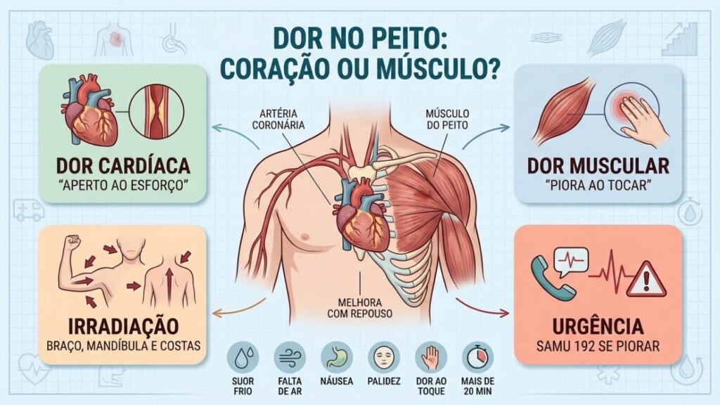 Infográfico compara dor cardíaca, dor muscular, irradiação e sinais de urgência.