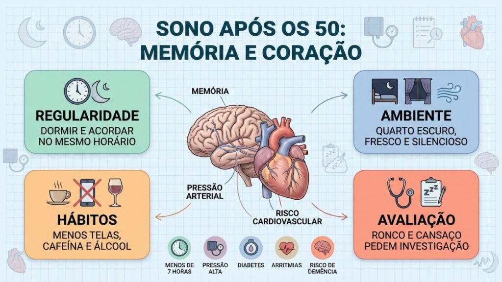 Infográfico relaciona sono, memória, pressão arterial e risco cardiovascular.