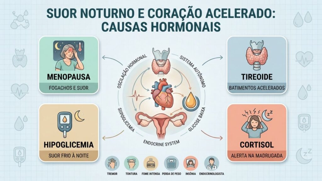 Menopausa, tireoide, cortisol e hipoglicemia podem explicar suor noturno recorrente.