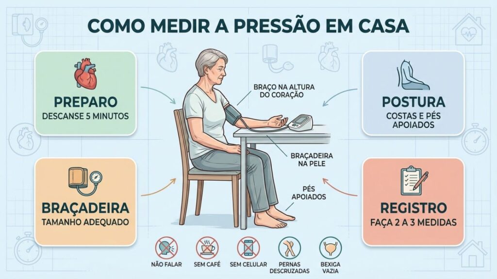 Preparo, postura e registro tornam a medição domiciliar mais confiável.