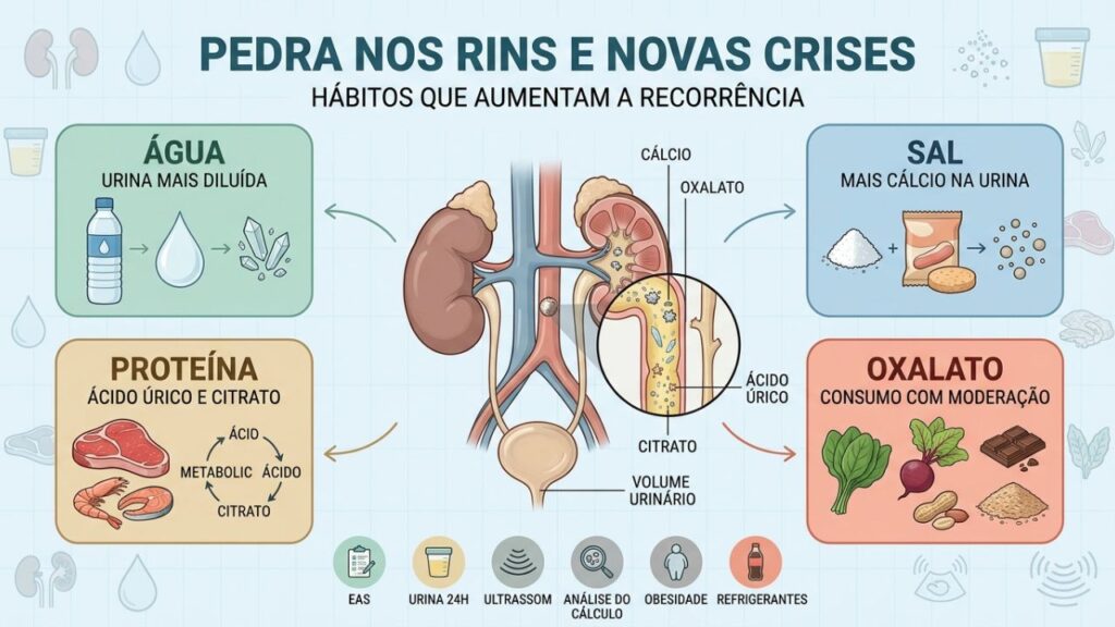 Hidratação, dieta, exames e metabolismo orientam a prevenção do cálculo renal.