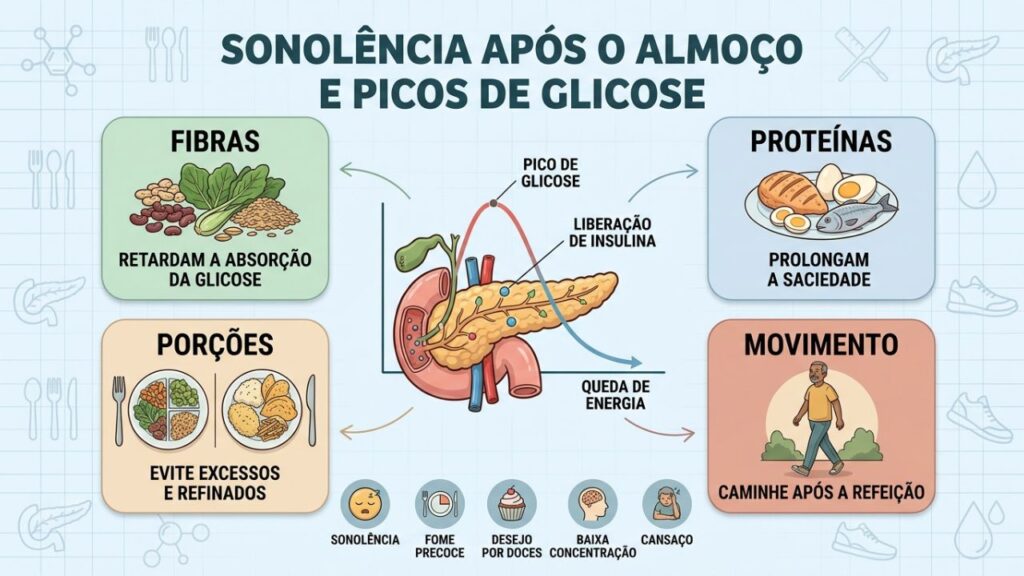 Fibras, proteínas, porções equilibradas e movimento ajudam a estabilizar a glicose.