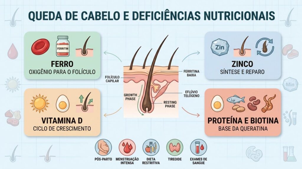 Ferro, zinco, vitamina D e proteína sustentam o ciclo capilar.