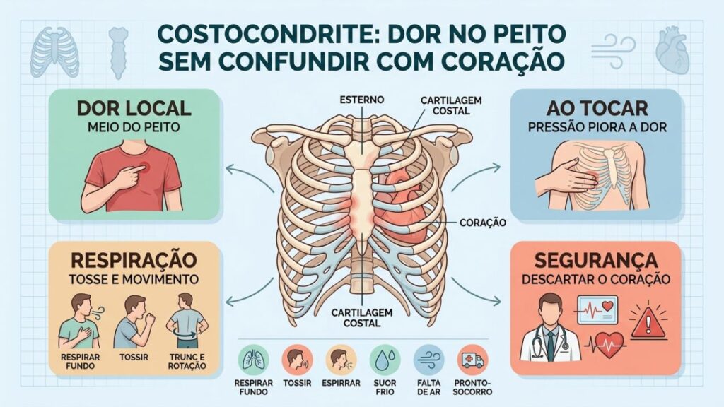 Quatro sinais ajudam a diferenciar costocondrite de dor cardíaca urgente.