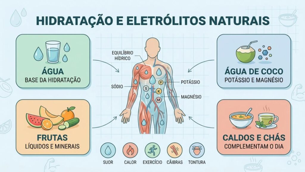 Água, coco, frutas e caldos complementam a reposição de eletrólitos.