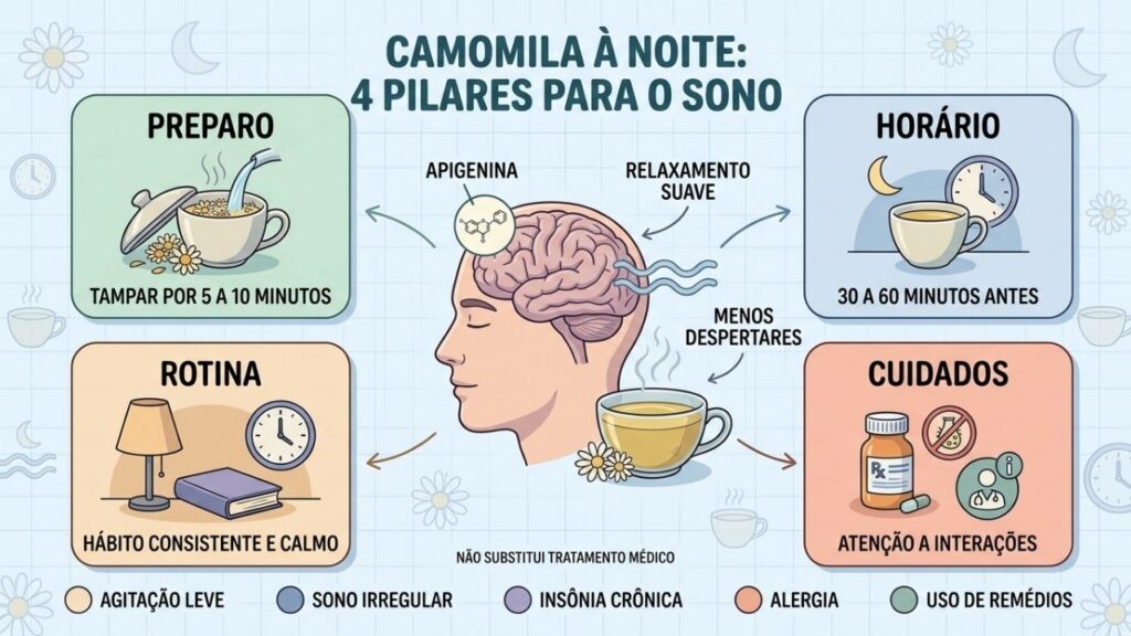 Preparo, horário, rotina e cuidados orientam o uso noturno da camomila.
