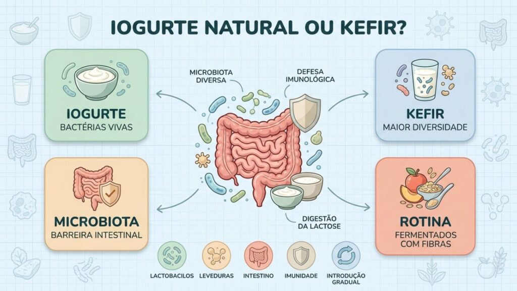 Iogurte e kefir oferecem fermentados diferentes para a saúde intestinal.