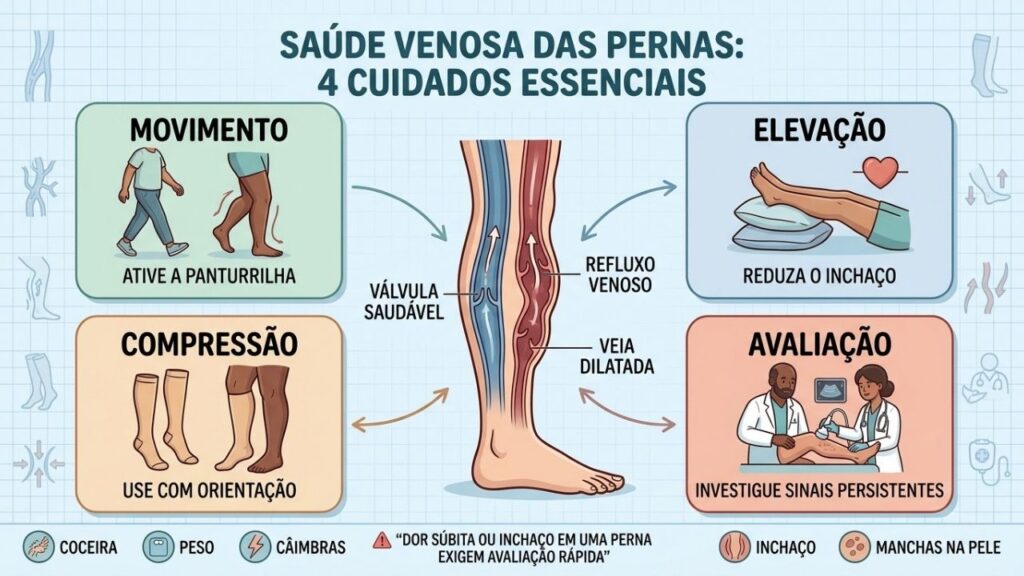 Movimento, elevação, compressão e avaliação ajudam a controlar sintomas venosos.
