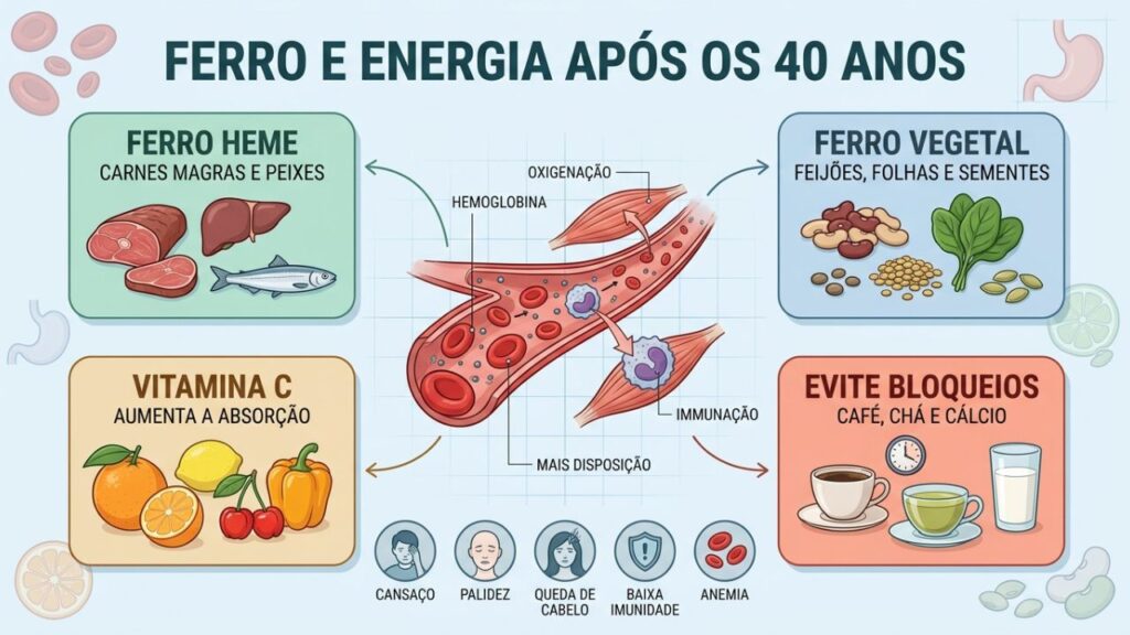 Quatro pilares para melhorar o ferro: heme, vegetal, vitamina C e bloqueadores.