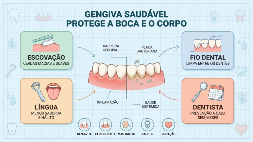 Escovação, fio dental, língua e dentista sustentam gengivas saudáveis.