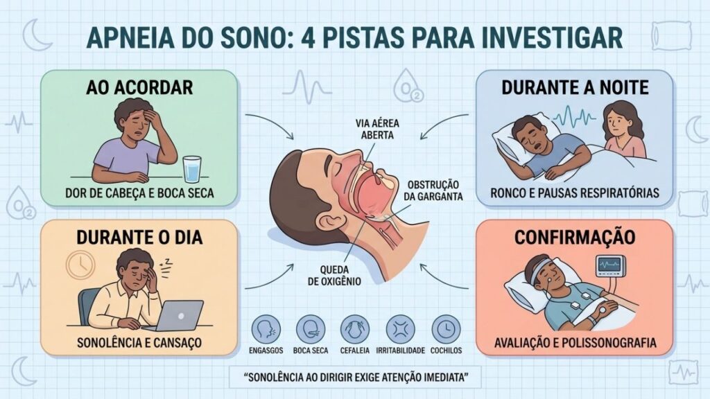 Sintomas noturnos e diurnos orientam a investigação da apneia do sono.