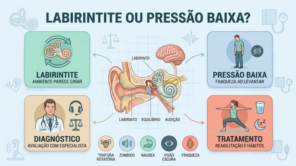 Diferenças entre labirintite e pressão baixa orientam diagnóstico e cuidado correto.