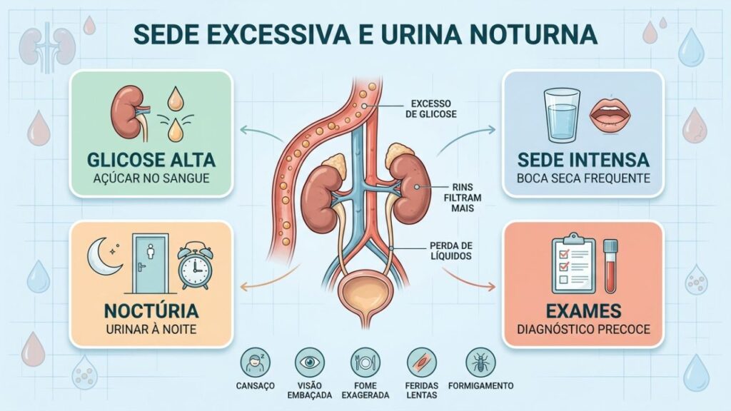 Infográfico mostra sede, noctúria, glicose alta e exames para diabetes.