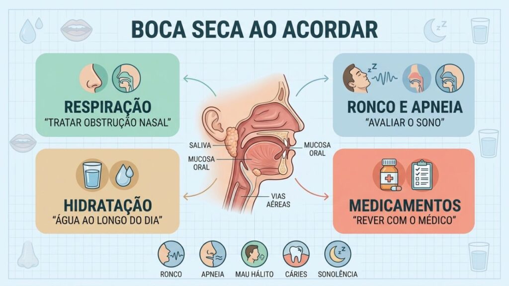 Quatro fatores explicam a boca seca: respiração, sono, hidratação e remédios.