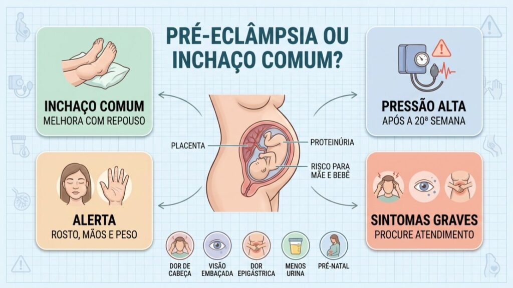 Pressão alta, inchaço súbito e sintomas visuais são sinais de alerta.
