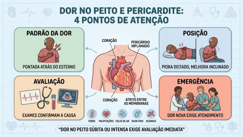 Sintomas, posições, exames e alertas orientam a avaliação da pericardite.
