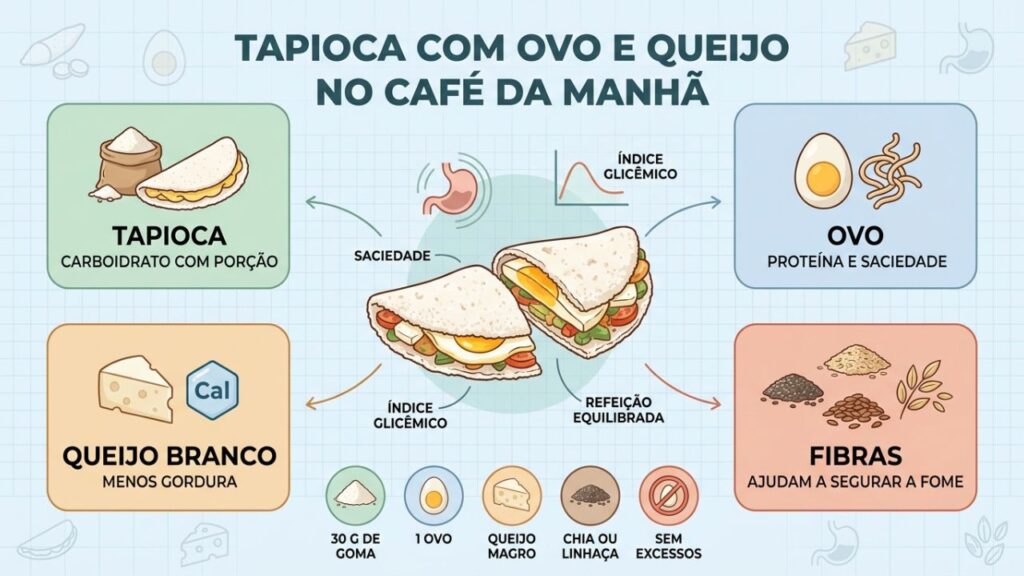 Porção, proteína, queijo magro e fibras equilibram a tapioca.