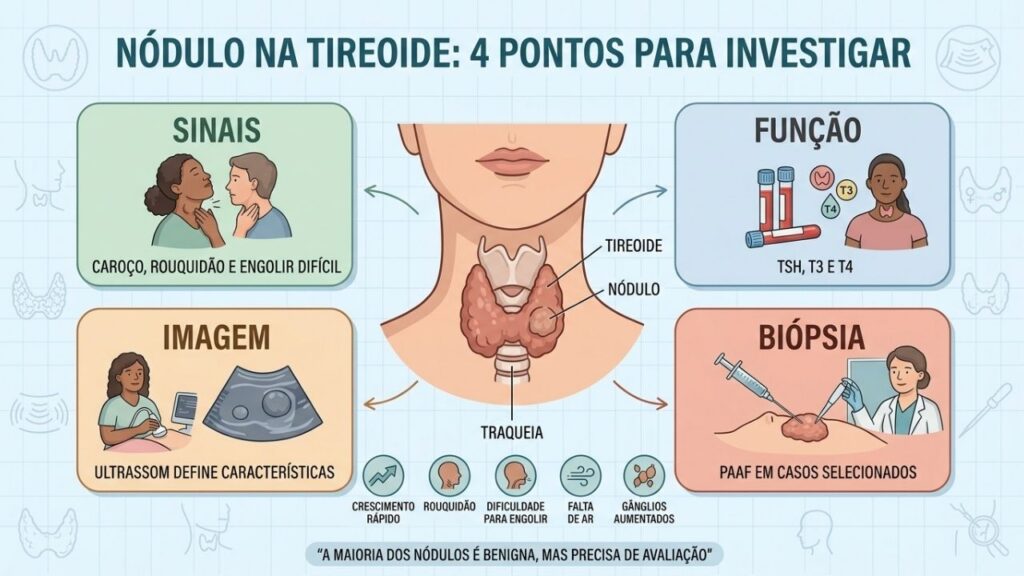 Sintomas, exames hormonais, ultrassom e PAAF orientam a investigação tireoidiana.