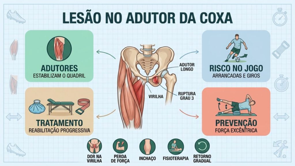 Adutores estabilizam o quadril e sofrem em arrancadas, giros e chutes.