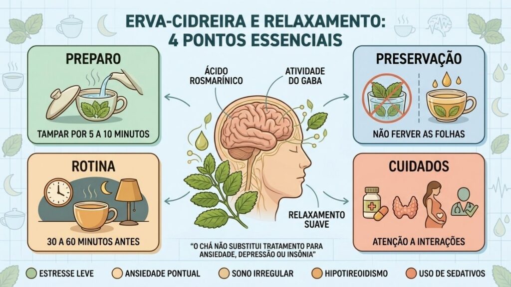 Preparo, preservação, rotina e cuidados orientam o uso da erva-cidreira.